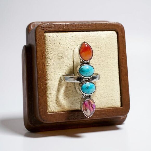 Southwestern Multi Turquoise & Carnelian Sterling Silver Ring Artisan Made Sz 8 - Picture 1 of 6